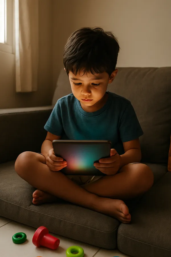 Menino no sofá, absorvido pelo tablet