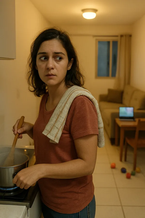 Mãe cozinhando, cansada, olhando para a sala