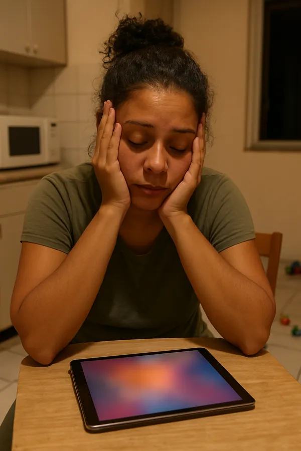 Mãe exausta à mesa, com a cabeça apoiada nas mãos e o tablet na frente