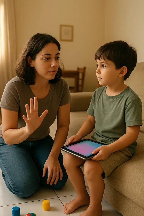 Mãe conversando com o filho no sofá antes de ligar o tablet