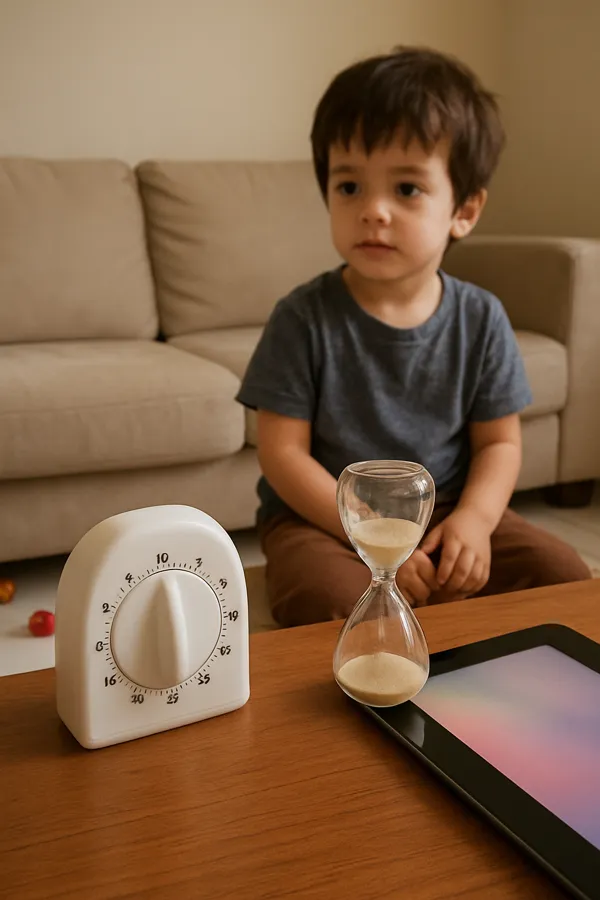 Menino ao lado de um timer de cozinha e de uma ampulheta