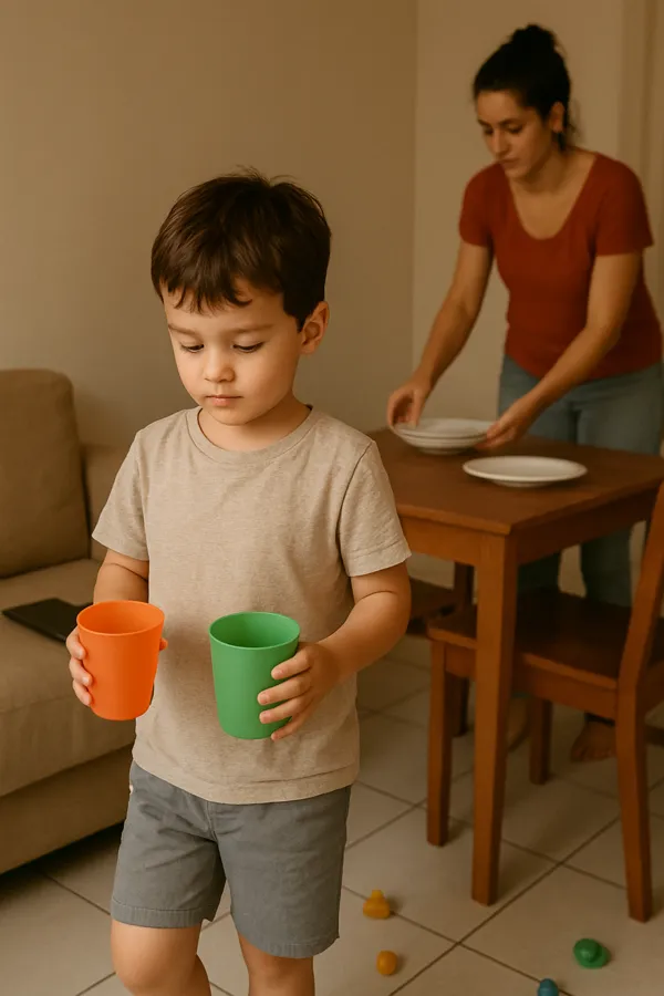 Menino ajudando a mãe a pôr a mesa do jantar