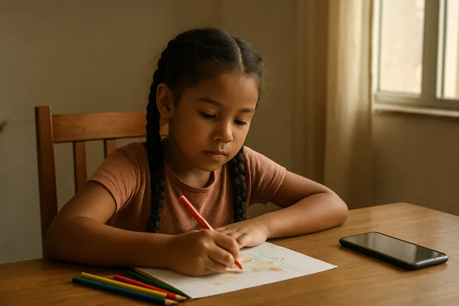 Menina desenhando à mesa, com o celular deixado de lado