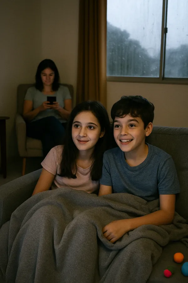 Dois irmãos sorrindo debaixo de uma coberta no sofá